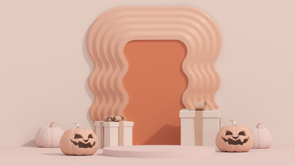 3d luxury layout Halloween scene with product podium on rose gold, pink, white background. Pumpkins stage with display podium. Autumn 3d design template for banner, advertisement mockup for Halloween 