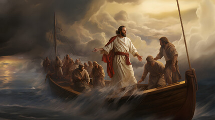 Jesus Christ on the boat calms the storm at sea.