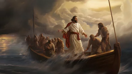 Fototapeten Jesus Christ on the boat calms the storm at sea. © ZayWin