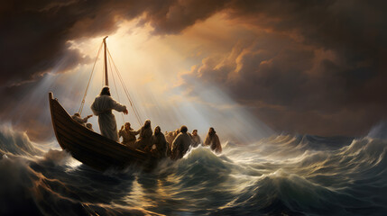 Jesus Christ on the boat calms the storm at sea. - obrazy, fototapety, plakaty