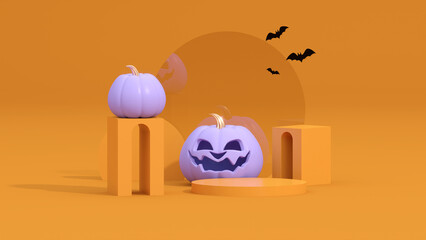 Halloween day orange black with pumpkin and bats product podium stage and spooky candlelight on purple background. Holiday and season concept. Spooky and funny theme. 3D illustration rendering
