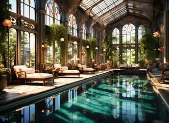 a swimming pool in a glass roof building - obrazy, fototapety, plakaty
