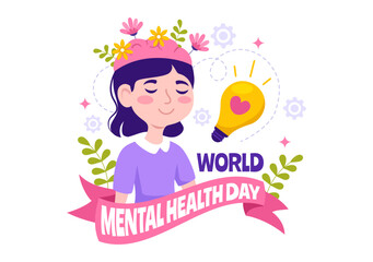 World Mental Health Day Vector Illustration on October 10 with Healthy Problem and Heart in Brain in Flat Cartoon Hand Drawn Background Templates