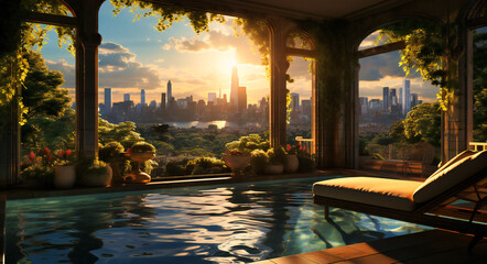 an interior balcony pool overlooking a city and sun - obrazy, fototapety, plakaty