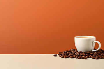 White Cup of Coffee Surrounded by Brown Coffee Beans on Orange Background