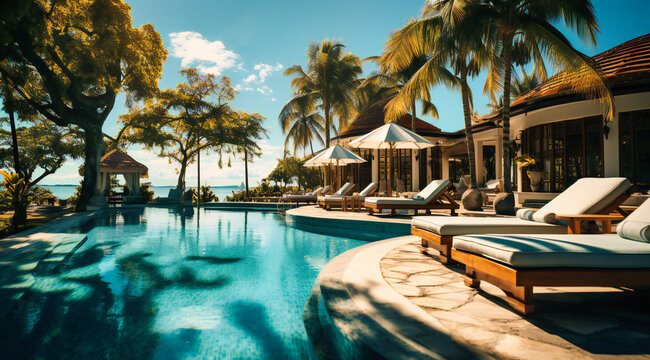a swimming pool in front of palm trees and coconut palms
