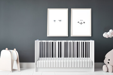 Modern minimalist nursery room with two poster frame mockup, Baby room interior, Light colours, Scandinavian style