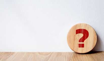 Question mark symbol on circular plank for faq, information, problem and solution concept, test,...