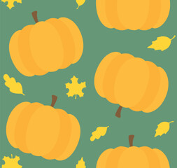 Vector seamless pattern of flat pumpkins and leaves isolated on green background
