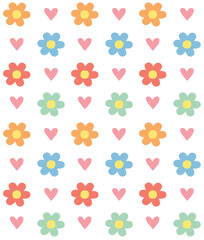 Fototapeta na wymiar Vector seamless pattern of different color flat hand drawn flowers and hearts isolated on white background
