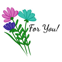 For you! Card with flowers in doodle style, idea for festive minimalist design