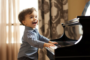 child playin a piano with a smile on his face, in the style of innovating techniques, spirited movement