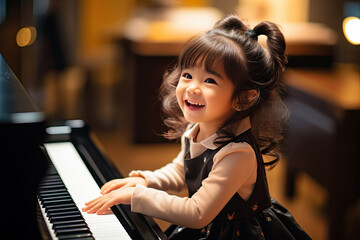 a young girl is playing the piano and laughing, in the style of youthful energy - 635300105