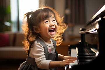 a young girl is playing the piano and laughing, in the style of youthful energy - 635300163