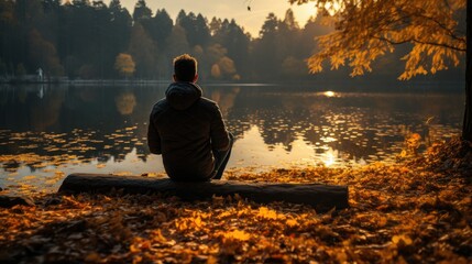 man sitting in the sunset on the lake