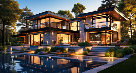 a modern style home with outdoor pool - obrazy, fototapety, plakaty