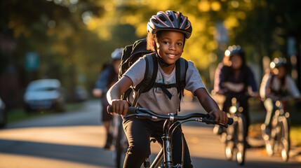 Boys student wearing helmet riding bicycle on way to school, bikeways in suburban on the morning. Friend.