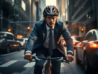 Fototapeta na wymiar Businessman wearing helmet biking with bicycle on road in city to work.