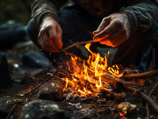 Closeup hand of people, campfire cooking and Survivor in the national forest. Camping tent.