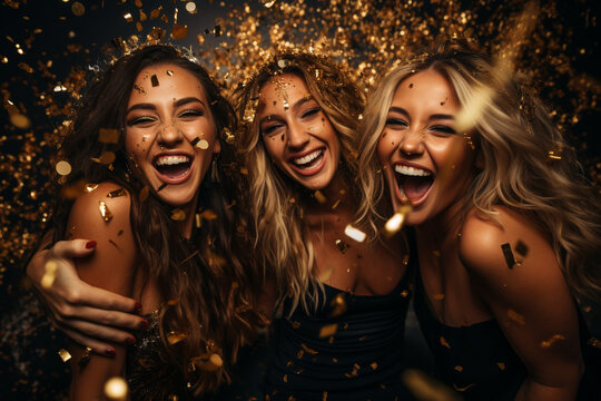Happiness group friends cheerful with champagne in confetti celebration. new year&rsquo;s anniversary concept.