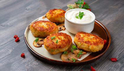 Potato patties (zrazy) Stuffed with minced meat, served with sour cream and tomato sauce. Crisp potato cutlets with meat, mushrooms and cheese. Traditional Russian food Zrazy