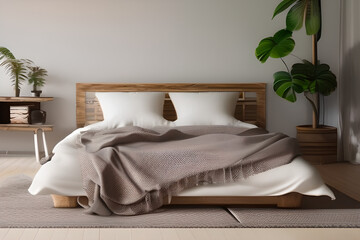 King-size bed with beige bed linen in adorable bedroom. Light boho style bedroom. Close up