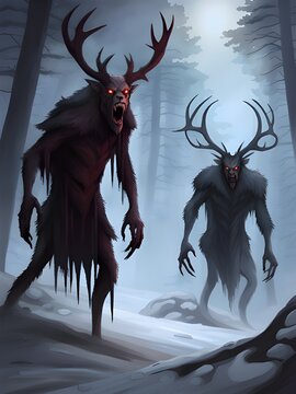 illustration of a evil deer monster with a big horns in the forest