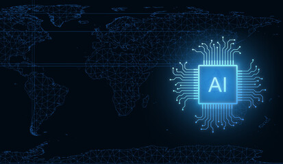 Futuristic Artificial intelligence AI power digital transformation abstract technology background. Innovative technology and big data concept.world map and internet