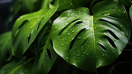 green monstera leaves with dew drops - obrazy, fototapety, plakaty