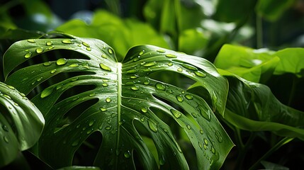 green monstera leaves with dew drops