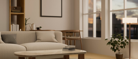 A modern Scandinavian apartment living room with a beige comfy sofa, a coffee table