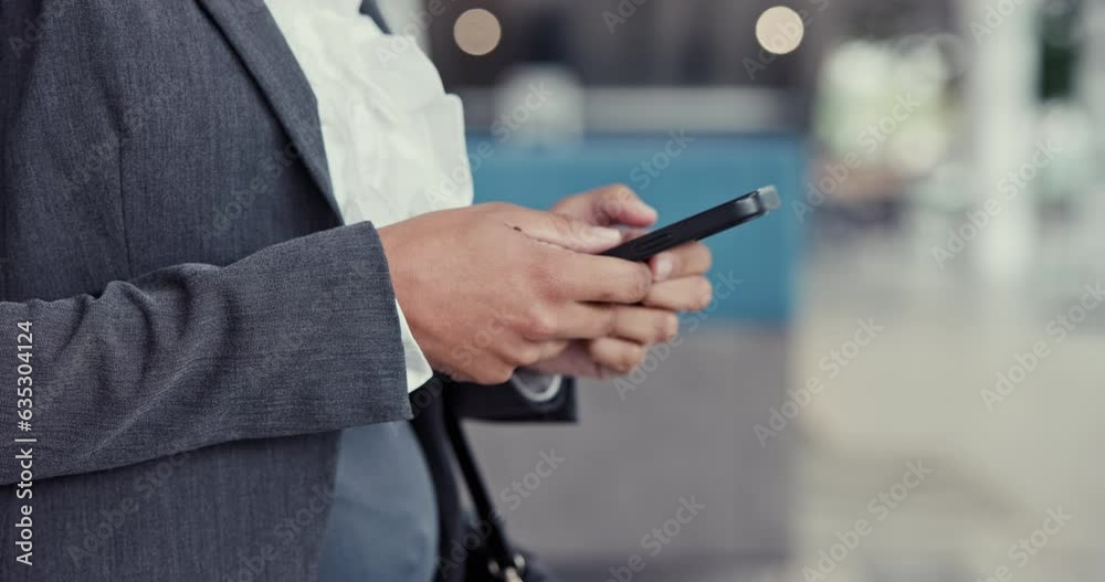 Poster business person, phone and hands typing at office in communication, social media or networking. clos