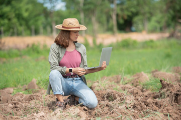 Researchers are checking soil and collecting soil samples for planting, while tractor baling in...