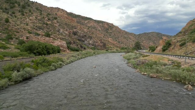 Aerial video Arkansas River through Cotopaxi Colorado USA