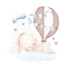 Watercolor illustration cute baby rabbit sleeps on cloud with blue hot air balloon and stars
