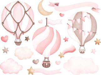 Watercolor illustration set of pink Hot air balloon and elements