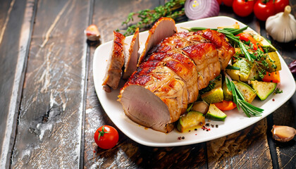 Roast pork with herbs and vegetables.