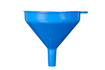 Blue plastic water funnel on white background. Bottle filling funnel.