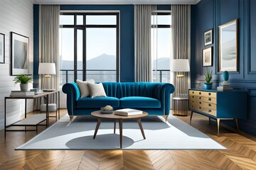 Interior of living room with blue sofa 3d rendering. Modern living room