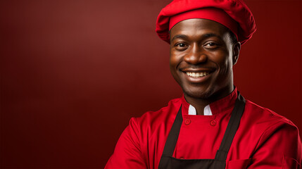 Portrait of a smiling african american male chef isolated on solid red background. Banner, copy space.