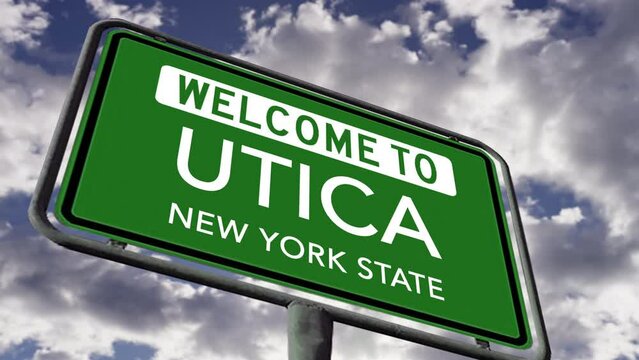 Welcome to Utica, New York State. USA City Road Sign Close Up, Realistic 3d Animation