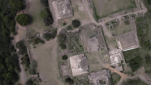 Aerial looks directly down onto temple pyramids at Monte Alban, Mexico