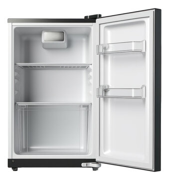 Open empty mini fridge isolated.