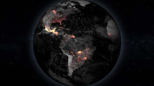 World map with animation of wildfires all over the globe, throughout the years
