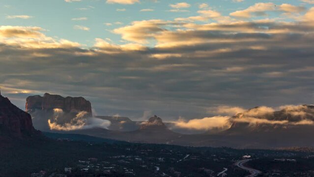 Timelapse Of Sunrise And Clouds Over Sedona's Airport Mesa Vortex Red Rock Formations In Arizona, USA.