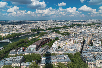 Fototapeta na wymiar Panoramic Paris from Eiffel Tower and view of the Seine River. Paris, France. 