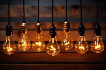 Vintage tungsten filament multiple lamps of different size and style hanging from the ceiling. Energy and design concept Generative AI