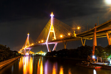 Bhumibol Bridge achitecture with night light at the chaophraya river landscape 