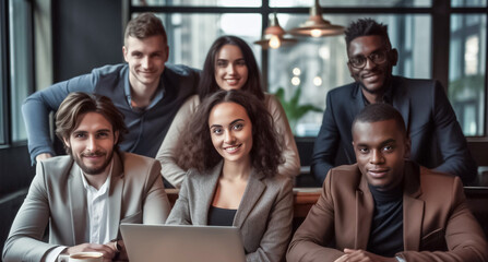 Portrait of successful group of business people at modern office looking at camera. Portrait of happy businessmen and satisfied businesswomen standing and smile as a team. Generative AI.