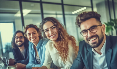 Fototapeta premium Portrait of successful group of business people at modern office looking at camera. Portrait of happy businessmen and satisfied businesswomen standing and smile as a team. Generative AI.
